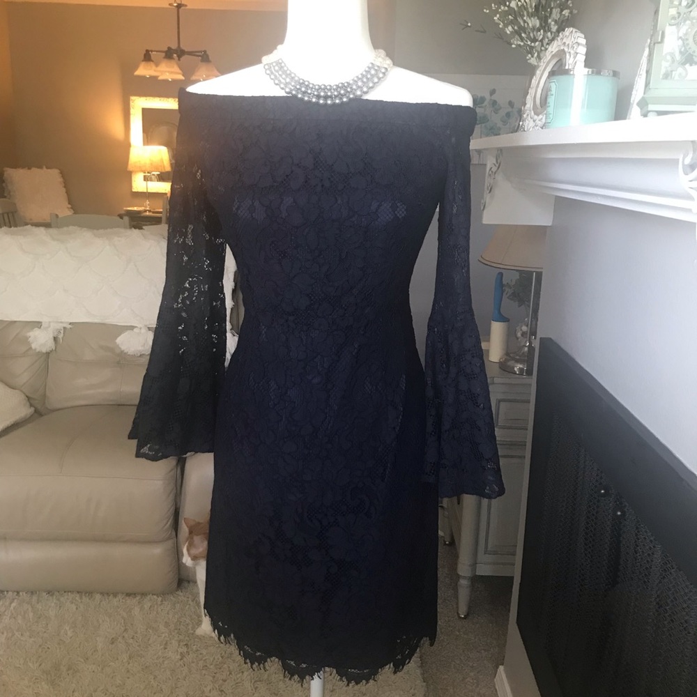 Off the shoulder semi formal midi dress navy lace sexy lined NWT